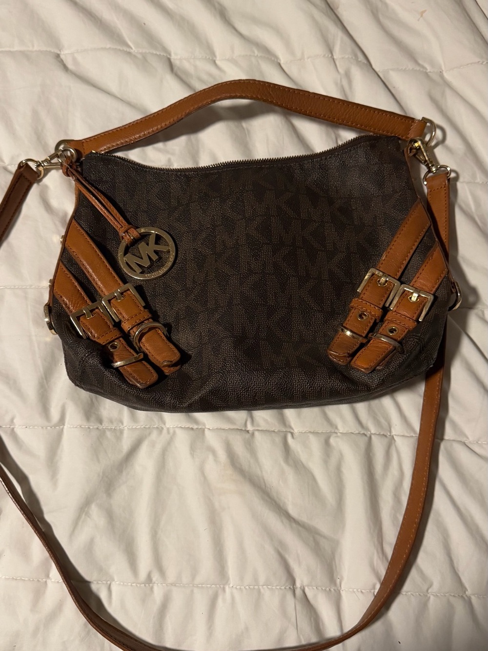 Michael Kors Dark Brown Monogram Shoulder Bag with Tan Trim